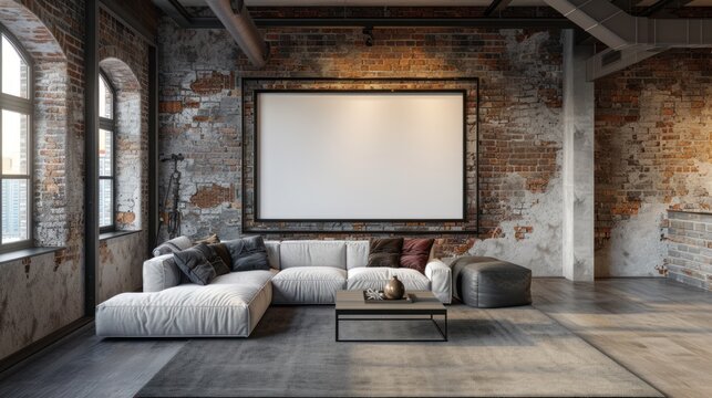 Empty picture frame mockup on wall in brick room, interior design