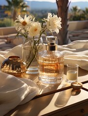 Perfume bottle next to flowers on a table.