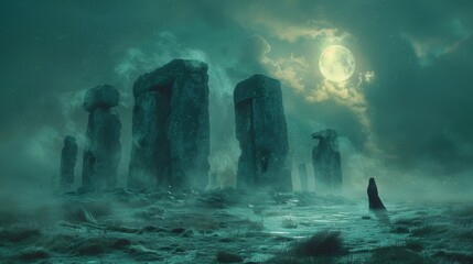 An ancient stone circle bathed in moonlight and surrounded by mist. As the clock strikes midnight the veil between worlds thins and those who are attuned can step into a higher - obrazy, fototapety, plakaty