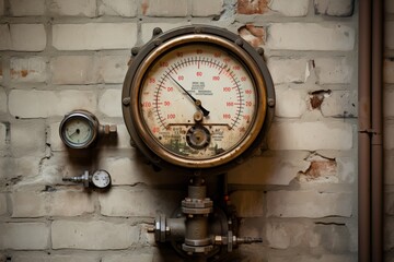 Detailed view of an old-fashioned thermostat amidst the rustic charm of an antiquated industrial environment
