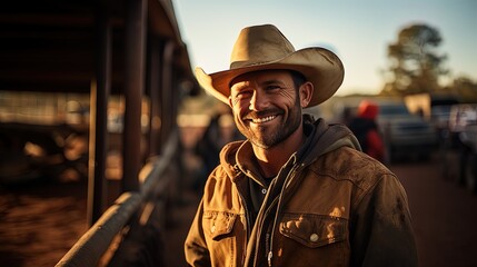 Obraz premium Portrait of a modern and smiling cowboy in the foreground with pickup trucks and trailers in the background.