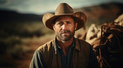 Portrait of a modern cowboy in close-up next to his horse.
