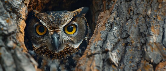 Close-up illustration of a bright yellow big-eyed owl's face on a tree. Owls can convey wisdom, knowledge, intelligence, mystery, black magic, nature, forests, wildlife with space in image for text.