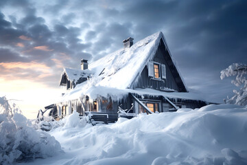 Winter house in the snow. Beautiful winter landscape with snow covered trees