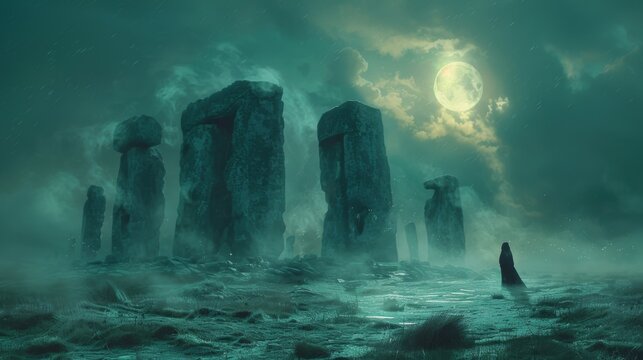 An ancient stone circle bathed in moonlight and surrounded by mist. As the clock strikes midnight the veil between worlds thins and those who are attuned can step into a higher