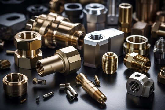 An Intricately Machined Brass Fitting Resting on a Workshop Table Surrounded by Various Tools and Engineering Drawings