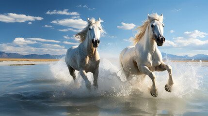 Thoroughbred muscular horses running on the water near the shore. mammal. biology and fauna - obrazy, fototapety, plakaty