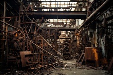 Fototapeta na wymiar Rusty Steel Cage in a Desolate Industrial Warehouse with Piles of Scrap Metal