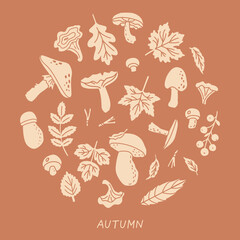 Autumn leaves and mushrooms. Vector illustration set for card, poster, season decoration