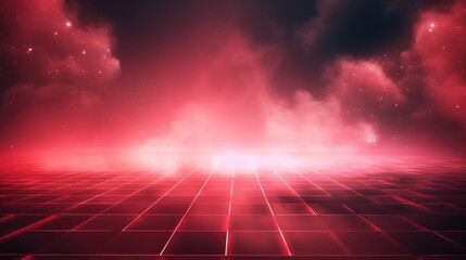 Red grid floor line on glow neon night red background, Synthwave vaporwave retrowave cyber background poster, rollerwave, technological design, shaped canvas, smokey fog cloud wave background.