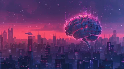 Fototapeten cartoonish illustration of cyber city, human brain, and future technology in futuristic style © atthameeni
