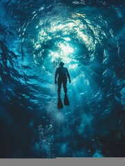 Illustrate the awe-inspiring beauty of deep sea diving adventures through a long shot image Divers silhouetted against the shimmering blue abyss, surrounded by swirling currents and majestic marine li - obrazy, fototapety, plakaty