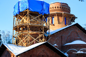 Wooden scaffolding around the dome of the Russian Orthodox Church under construction