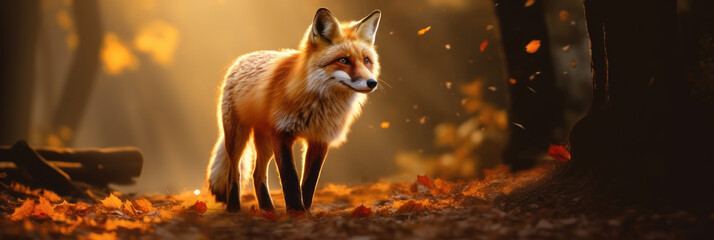 realistic fox with bushy tail and black ears, walking on a dirt path through a forest with tall trees and colorful leaves, with rays of sunlight and mist creating magical atmosphere - obrazy, fototapety, plakaty