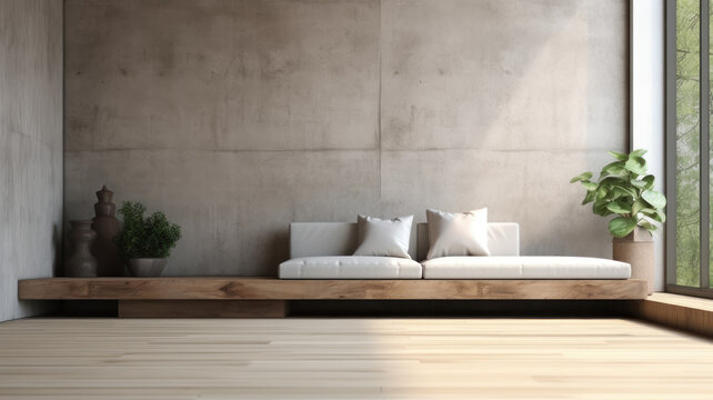 Modern contemporary loft empty room with sofa and nature view There are wooden stair plank wall and ceiling and blank concrete wall for copy space