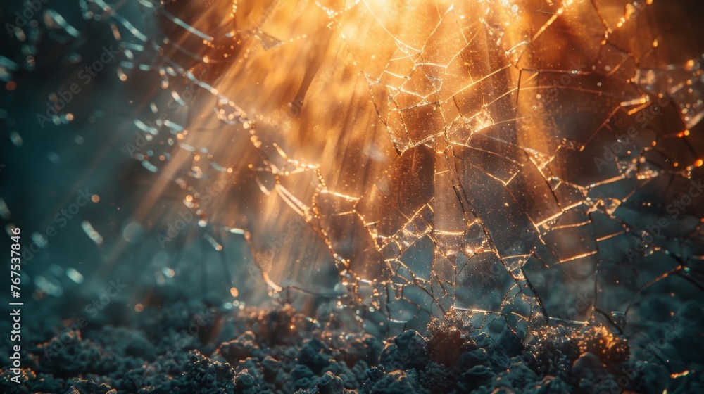 Poster a broken mirror with beams of light shining through the cracks symbolizing the process of piecing to