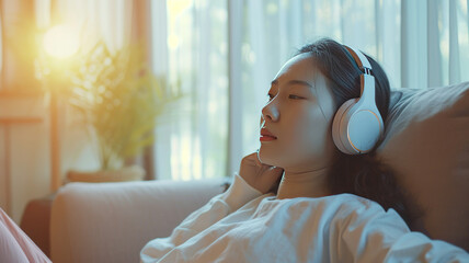 a man wearing headset listen to music enjoying , relaxed posture, sitting at a sofa - obrazy, fototapety, plakaty