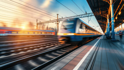 High speed train motion  railway station sunset. Fast moving modern passenger train railway platform Railroad motion blur effect