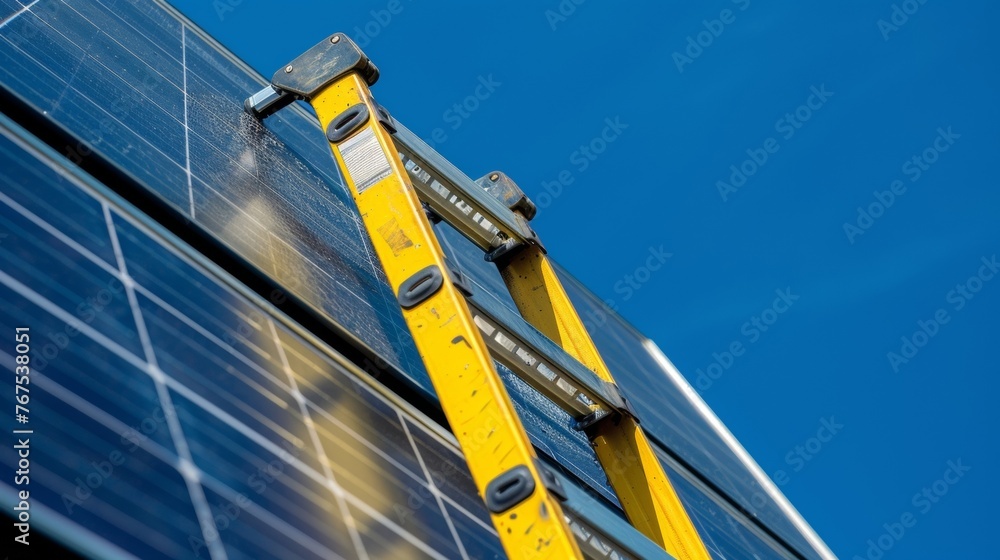 Poster a ladder is securely p against the side of a solar panel system allowing access for cleaning while a