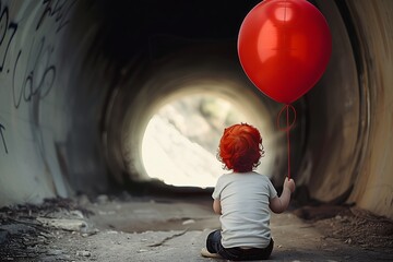 Child Holding Red Balloon in Dark Tunnel - obrazy, fototapety, plakaty
