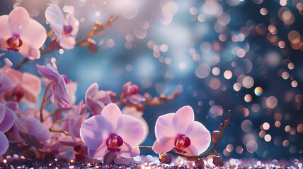 Orchid flowers with glitter bokeh background. Copy space.	
