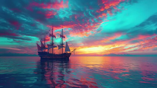 Nighttime Voyage: Embark on a fantastical journey across the ocean under a colorful night sky, where a majestic ship sai Seamless looping 4k time-lapse virtual video animation background. Generated AI
