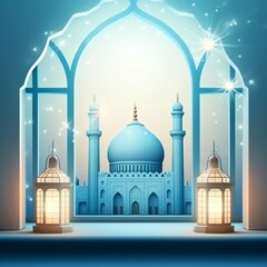 Fototapeta premium Eid mubarak and ramadan kareem greetings with islamic lantern and mosque. Eid al fitr background