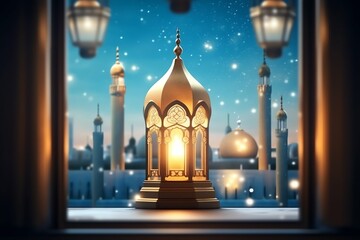 Fototapeta na wymiar Eid mubarak and ramadan kareem greetings with islamic lantern and mosque. Eid al fitr background