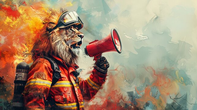 Courageous lion firefighter with a megaphone pastel watercolor leading the team