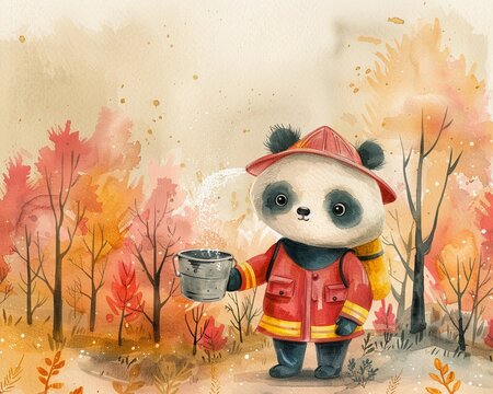 Playful panda firefighter with a water bucket soft pastels watercolor forest background