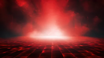Fotobehang Red grid floor line on glow neon night red background, Synthwave vaporwave retrowave cyber background poster, rollerwave, technological design, shaped canvas, smokey fog cloud wave background. © ribelco