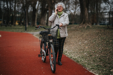 Retiree female staying active, using her bicycle for a healthy lifestyle in a scenic park setting