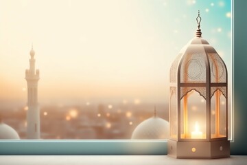 Eid mubarak and ramadan kareem greetings with islamic lantern and mosque. Eid al fitr background - obrazy, fototapety, plakaty