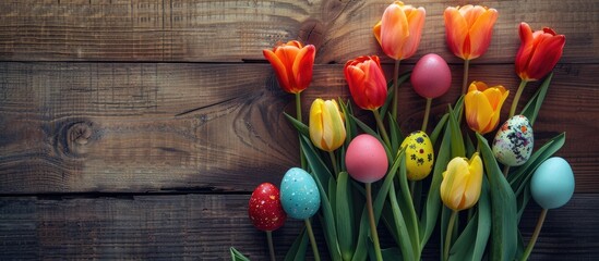 Easter eggs and a vibrant tulip arrangement displayed against a wooden backdrop, leaving room for your personalized message.