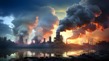 toxic smoke from the chimneys of industrial enterprises against the backdrop of sunset. harm and...