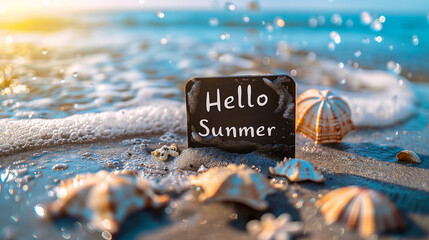 A sign with hello summer sits on the sandy beach, welcoming the arrival of the summer season under the clear blue sky - Powered by Adobe