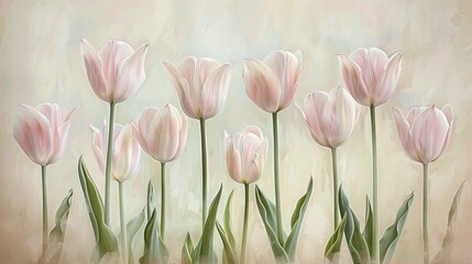 Fototapeta premium Row of Pink Tulips in Dreamy Pastel Tones