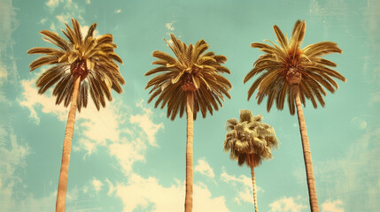 Obraz premium Three tall palm trees sway gracefully against a vivid blue sky adorned with fluffy white clouds, vintage retro style