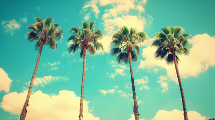 A group of tall palm trees swaying gracefully against a clear blue summer sky, retro vintage