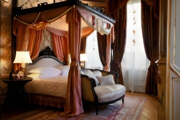 A Victorian lady's boudoir with a draped canopy bed, vanity table, and soft candlelight.