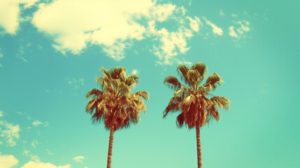 Two elegant palm trees sway gracefully against a vibrant blue sky filled with fluffy white clouds on a sunny summer day, retro vintage