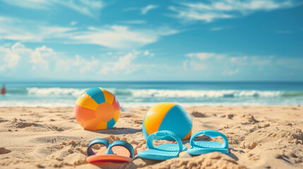 Fototapeta na wymiar A colorful beach ball and a pair of flip flops rest on the sandy beach, under a clear blue sky