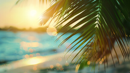 A close-up of a palm tree swaying gracefully, with the sun shining brightly in the background