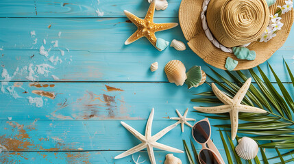 A collection of a stylish hat, trendy sunglasses, a vibrant starfish, and lush palm leaves arranged on a rustic blue wooden background, evoking a tropical getaway ambiance