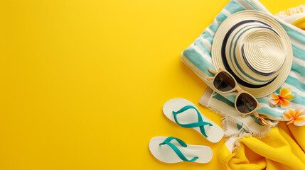 A stylish hat, trendy sunglasses, a colorful towel, and comfortable flip flops laid out on a vibrant yellow background