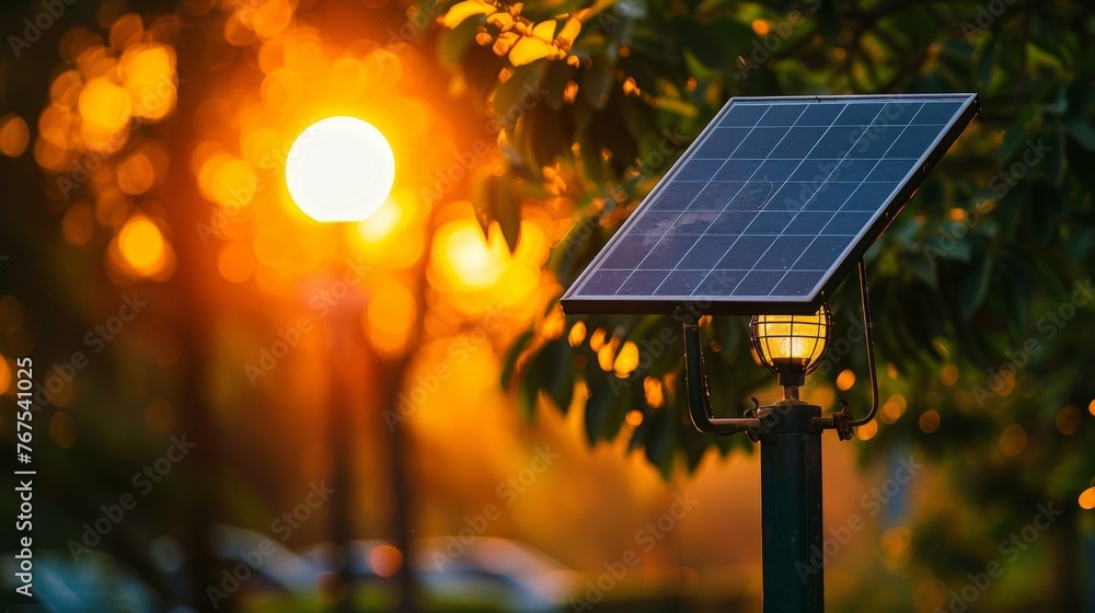 Poster a closeup of a hightech solar panel attached to a lamp post capturing the suns rays to power the nea