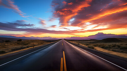road outside the city against the backdrop of a mountain landscape at sunset