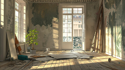 The renovation concept illustrates a room undergoing renovation. - obrazy, fototapety, plakaty