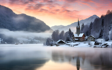 Catholic Church against the backdrop of a river and morning fog in the mountains. religion and christianity - obrazy, fototapety, plakaty