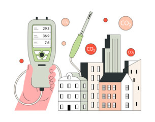 Air quality index. Handheld device measures urban CO2 levels. Air pollution